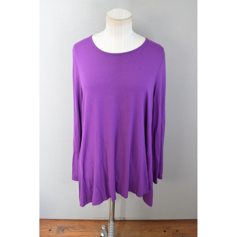 Eileen Fisher Tunic L Purple Viscose Jersey Sharkbite Hem Women Long Sleeve Top